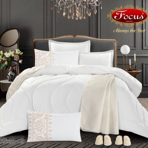 comforter cotton 11 pcs Melissa single king 2 slipper comforter, sheet, A pillow sham focus high quality white مفرش قطن فاخر من ميليسيا يتكون من 11 قطعة لحاف قطن مضغوط لحاف بحشوة شرشف مطاط غطاء مخدة زوج من النعال المريحة