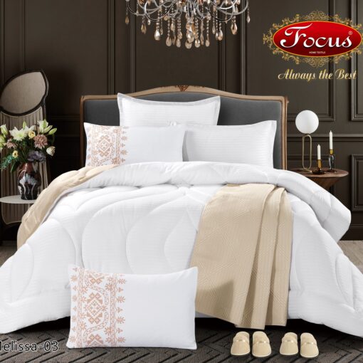 comforter cotton 11 pcs Melissa single king 2 slipper comforter, sheet, A pillow sham focus high quality مفرش قطن فاخر من ميليسيا يتكون من 11 قطعة لحاف قطن مضغوط لحاف بحشوة شرشف مطاط غطاء مخدة زوج من النعال المريحة white