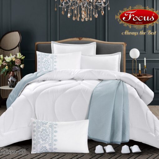 comforter cotton 11 pcs Melissa single king 2 slipper comforter, sheet, A pillow sham focus high quality مفرش قطن فاخر من ميليسيا يتكون من 11 قطعة لحاف قطن مضغوط لحاف بحشوة شرشف مطاط غطاء مخدة زوج من النعال المريحة white